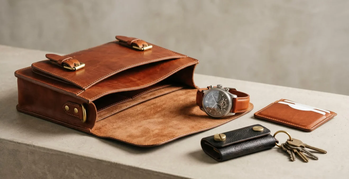 Composition éditoriale d'accessoires masculins de luxe en cuir sur fond minimaliste