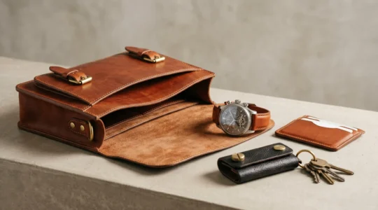 Composition éditoriale d'accessoires masculins de luxe en cuir sur fond minimaliste