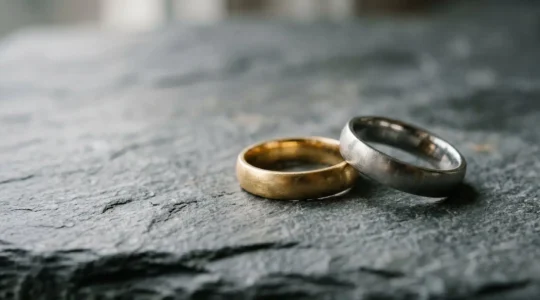 Paire d'alliances de mariage en or et platine posées sur une surface minérale naturelle avec lumière douce
