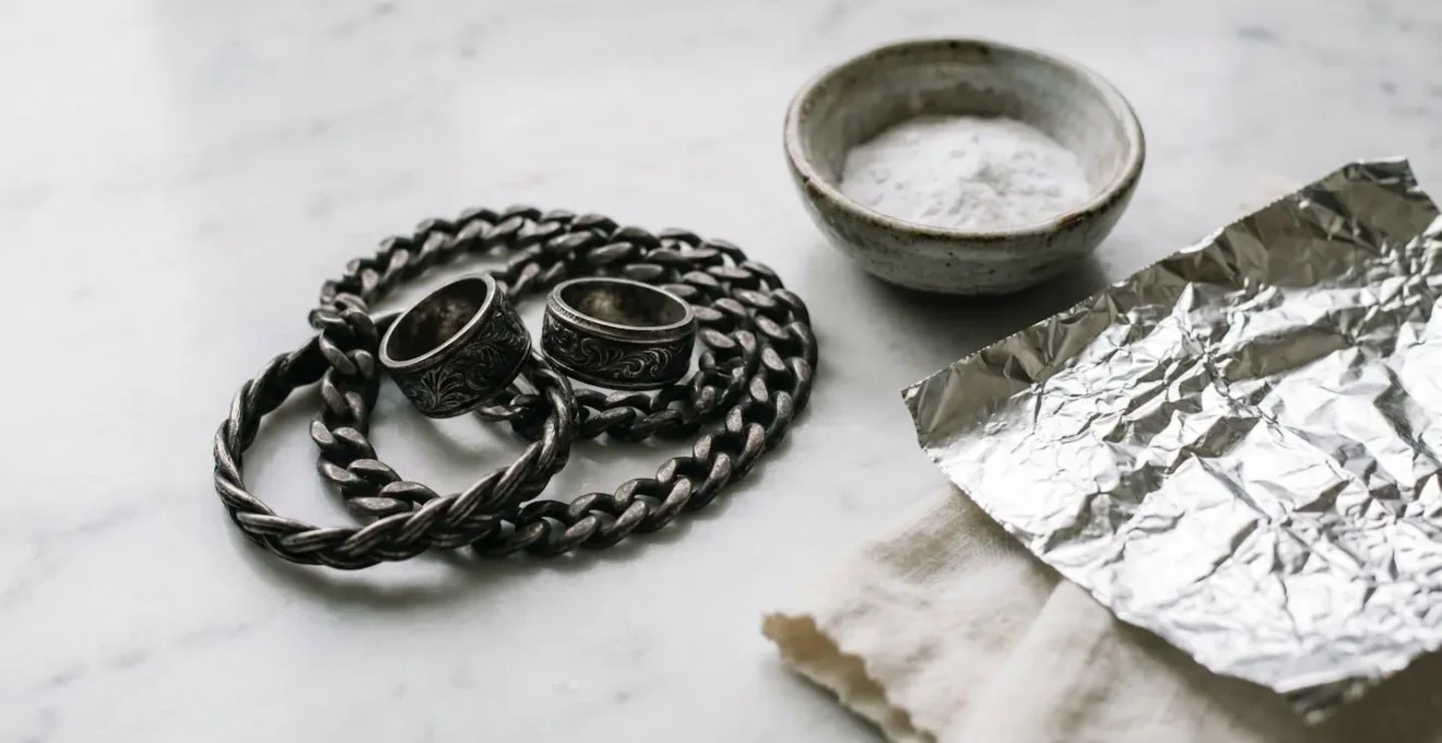 Bijoux en argent ternis avant nettoyage avec méthodes naturelles