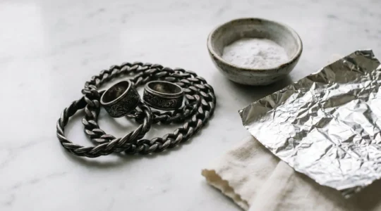 Bijoux en argent ternis avant nettoyage avec méthodes naturelles