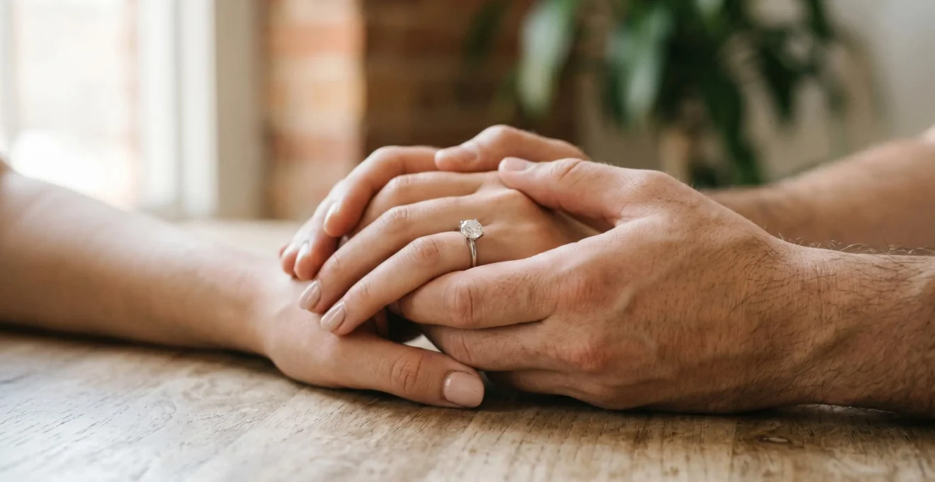 Mains de couple enlacées avec bague de fiançailles solitaire moderne mise en valeur par la lumière naturelle