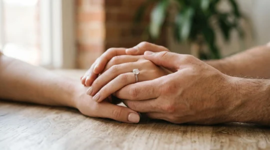 Mains de couple enlacées avec bague de fiançailles solitaire moderne mise en valeur par la lumière naturelle