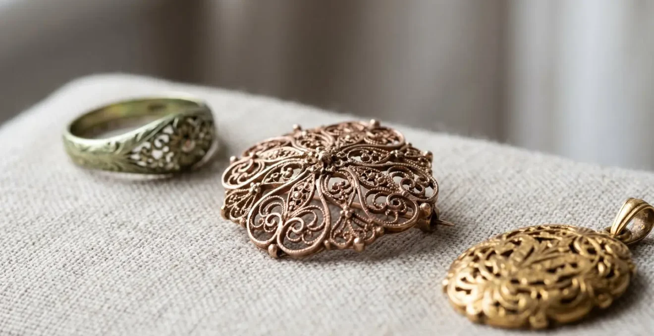 Gros plan sur des bijoux anciens en or aux teintes variées présentant les nuances rares de l'or rose victorien et or vert Belle Époque