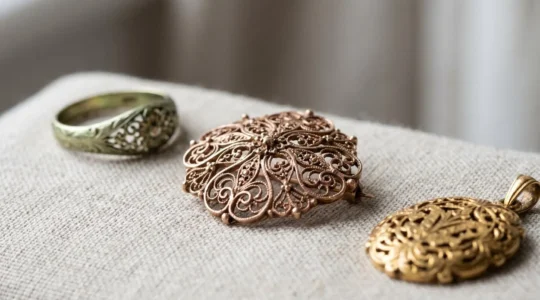 Gros plan sur des bijoux anciens en or aux teintes variées présentant les nuances rares de l'or rose victorien et or vert Belle Époque