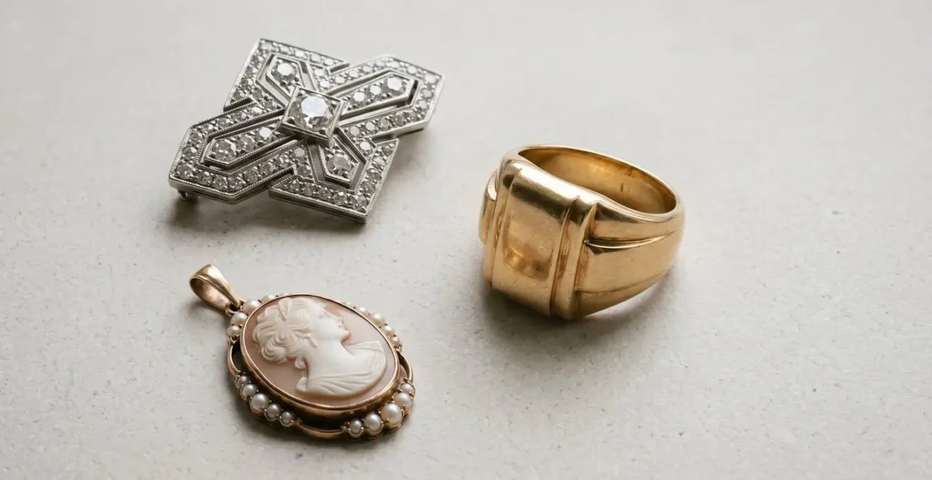 Composition élégante présentant différents styles de bijoux anciens sur fond épuré