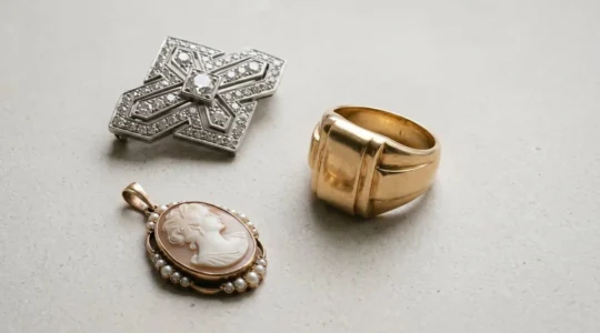 Composition élégante présentant différents styles de bijoux anciens sur fond épuré
