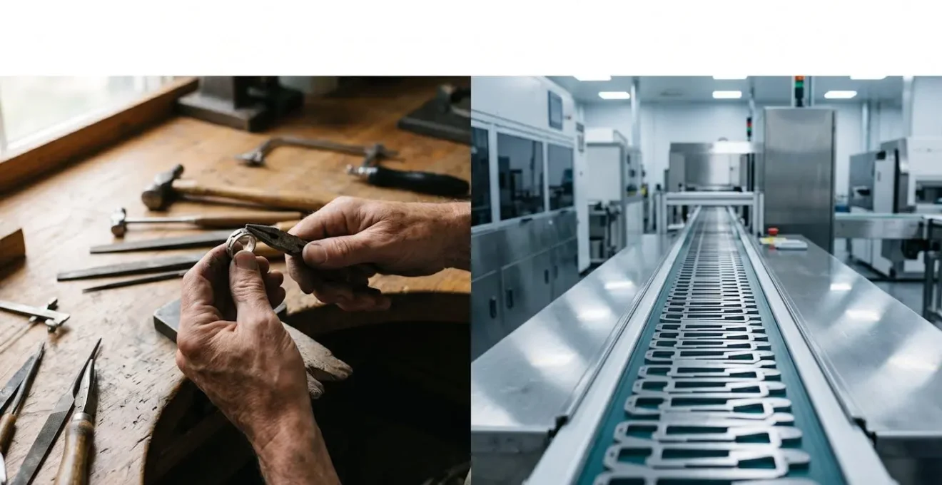 Contraste visuel entre bijoux artisanaux de créateur et production industrielle en grande distribution