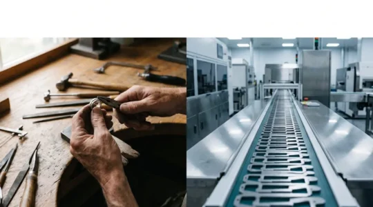 Contraste visuel entre bijoux artisanaux de créateur et production industrielle en grande distribution