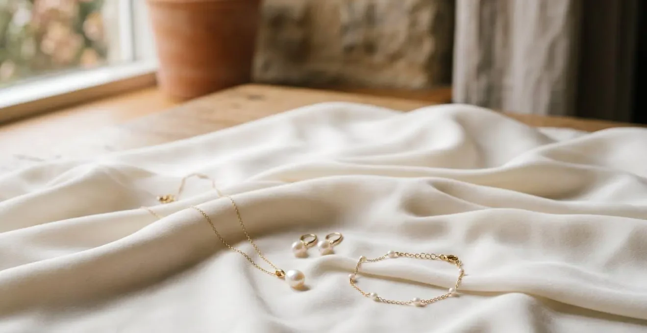 Détail de bijoux de mariée élégants disposés avec subtilité près d'une robe de mariage