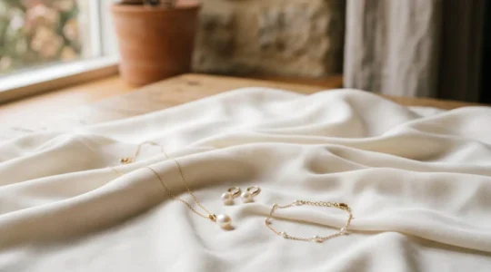 Détail de bijoux de mariée élégants disposés avec subtilité près d'une robe de mariage