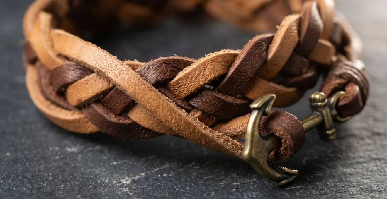 Gros plan sur un bracelet en cuir tressé marron posé sur une surface texturée, détails artisanaux visibles