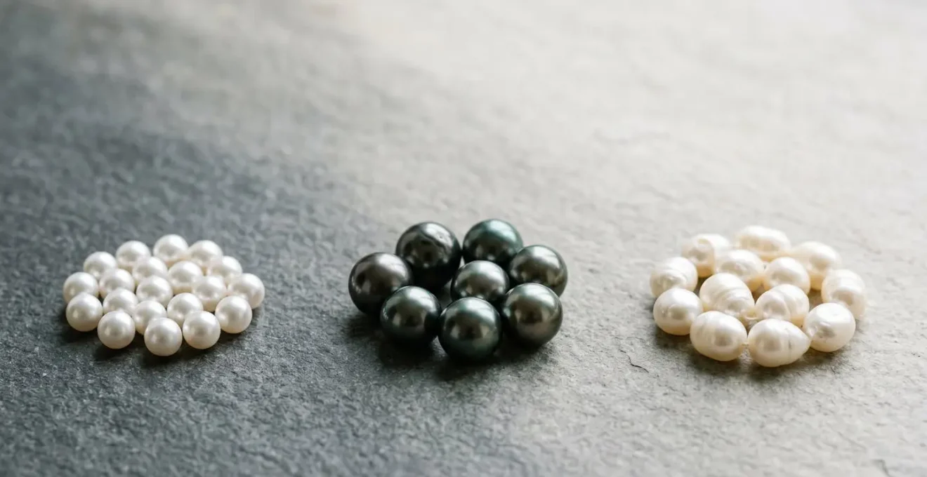 Gros plan éditorial sur un assortiment de perles de culture présentées sur fond neutre avec lumière douce