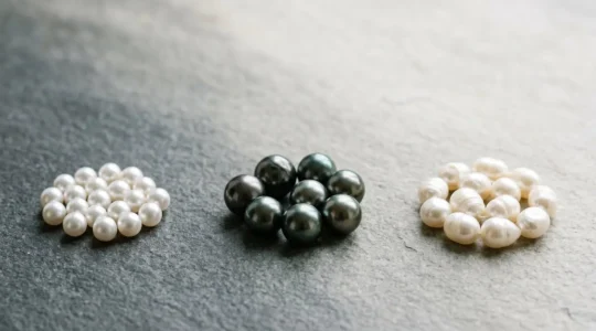 Gros plan éditorial sur un assortiment de perles de culture présentées sur fond neutre avec lumière douce