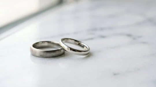 Deux alliances en métaux précieux côte à côte illustrant la comparaison entre platine et or blanc