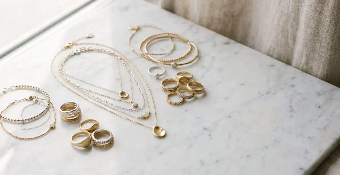Scène élégante de bijoux féminins délicatement disposés avec un éclat naturel, mise en valeur du choix réfléchi