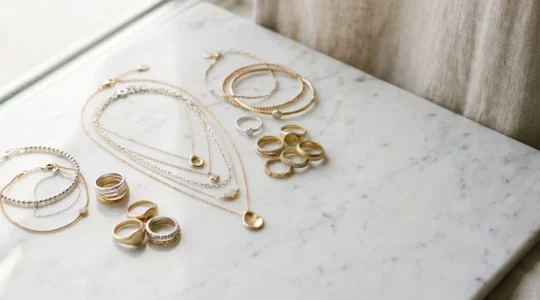 Scène élégante de bijoux féminins délicatement disposés avec un éclat naturel, mise en valeur du choix réfléchi