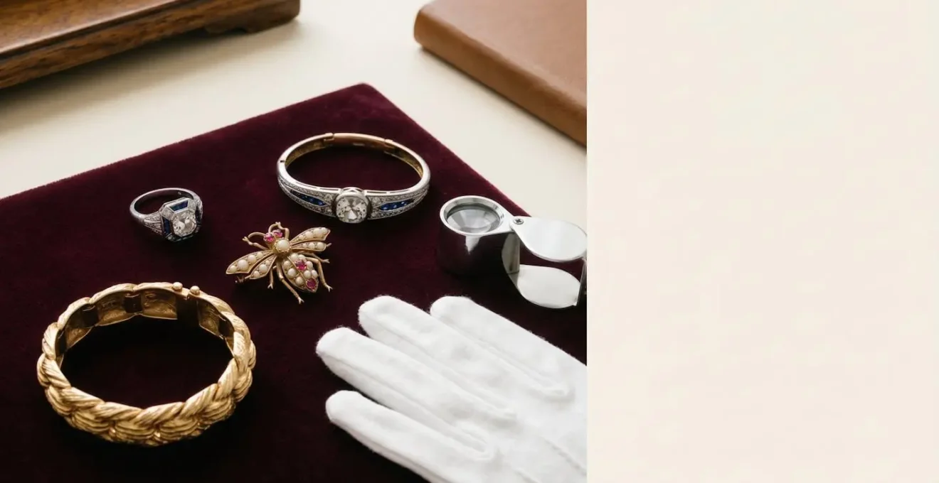Collection de bijoux anciens et vintage disposés sur fond élégant avec loupe d'expert
