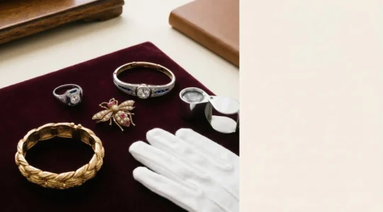 Collection de bijoux anciens et vintage disposés sur fond élégant avec loupe d'expert