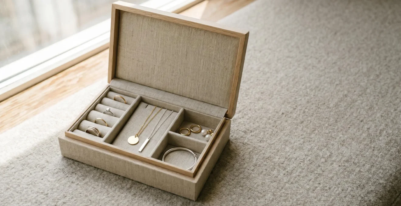Détail d'une boîte à bijoux ouverte avec plusieurs pièces en or et argent disposées élégamment