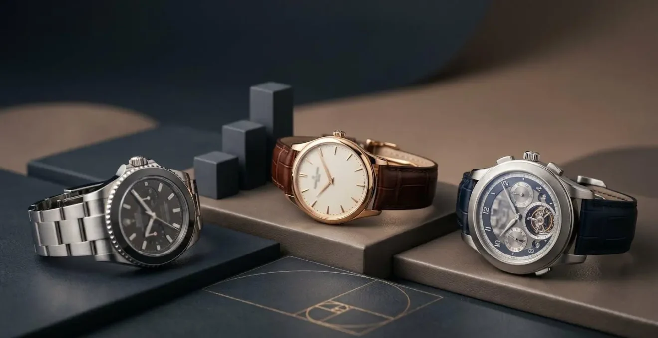 Montres de luxe iconiques disposées en composition élégante symbolisant l'investissement horloger