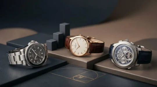 Montres de luxe iconiques disposées en composition élégante symbolisant l'investissement horloger