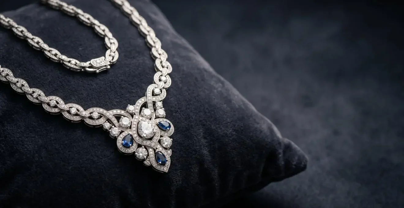 Collier de haute joaillerie en or et pierres précieuses sur fond minimaliste