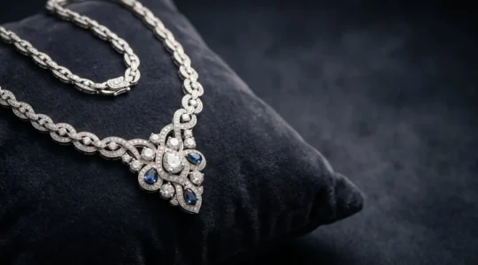 Collier de haute joaillerie en or et pierres précieuses sur fond minimaliste