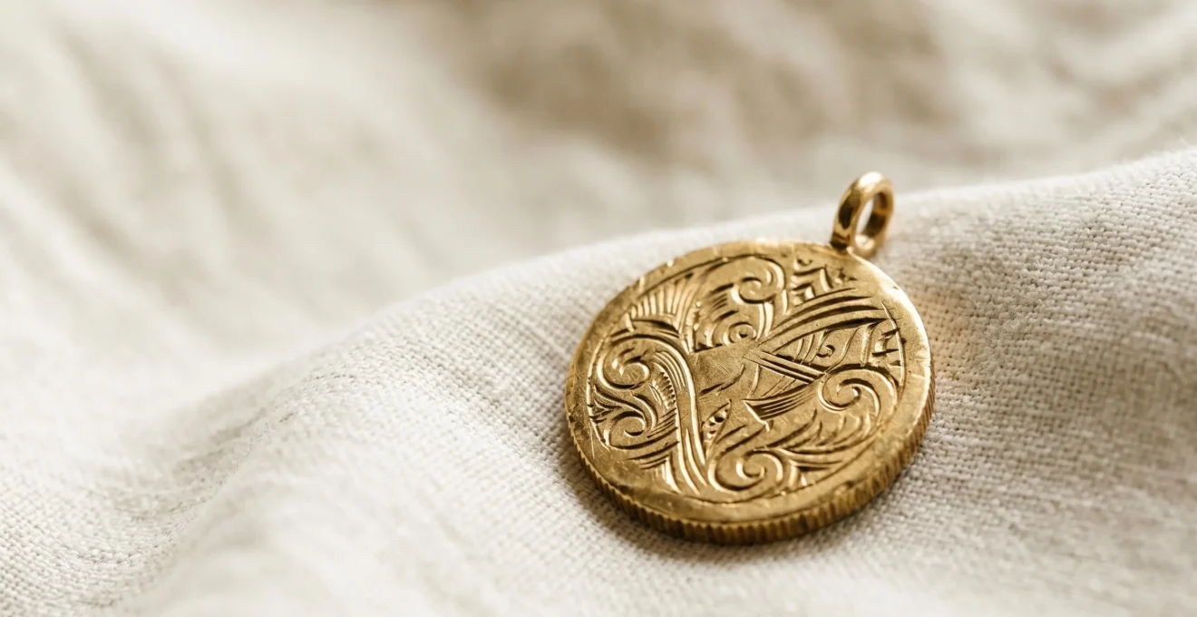 Médaille précieuse gravée avec un message personnel, posée délicatement sur une surface textile douce
