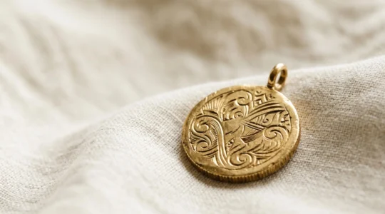 Médaille précieuse gravée avec un message personnel, posée délicatement sur une surface textile douce