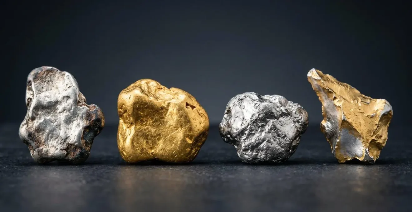 Métaux précieux or argent platine et vermeil présentés avec leurs textures naturelles distinctives