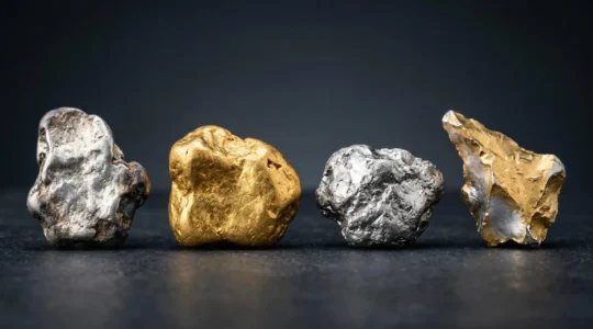 Métaux précieux or argent platine et vermeil présentés avec leurs textures naturelles distinctives