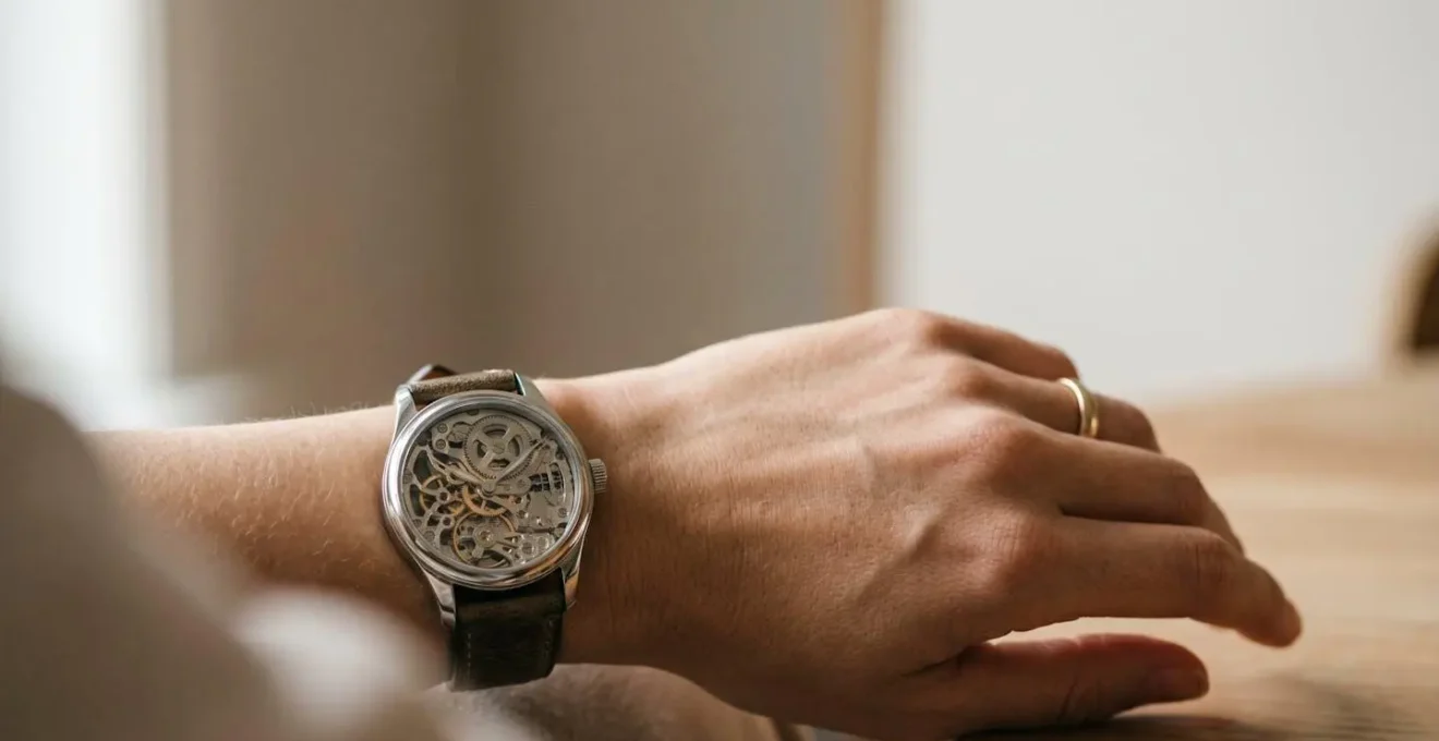 Gros plan d'une montre automatique au poignet avec mécanisme visible symbolisant la symbiose avec son porteur