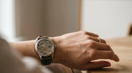 Gros plan d'une montre automatique au poignet avec mécanisme visible symbolisant la symbiose avec son porteur