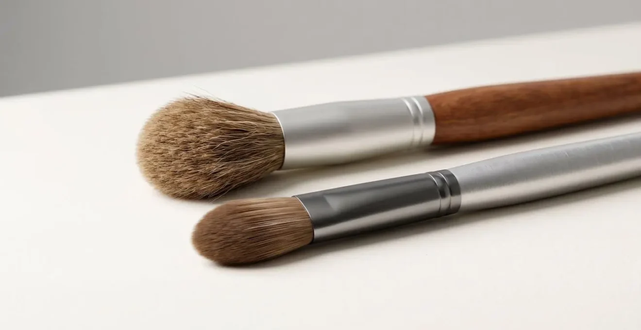 Comparaison artistique entre pinceaux de maquillage en poils naturels et fibres synthétiques sur fond minimaliste