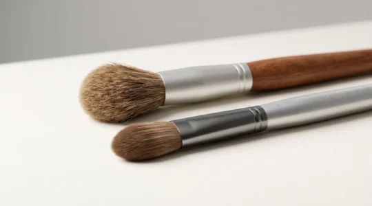 Comparaison artistique entre pinceaux de maquillage en poils naturels et fibres synthétiques sur fond minimaliste