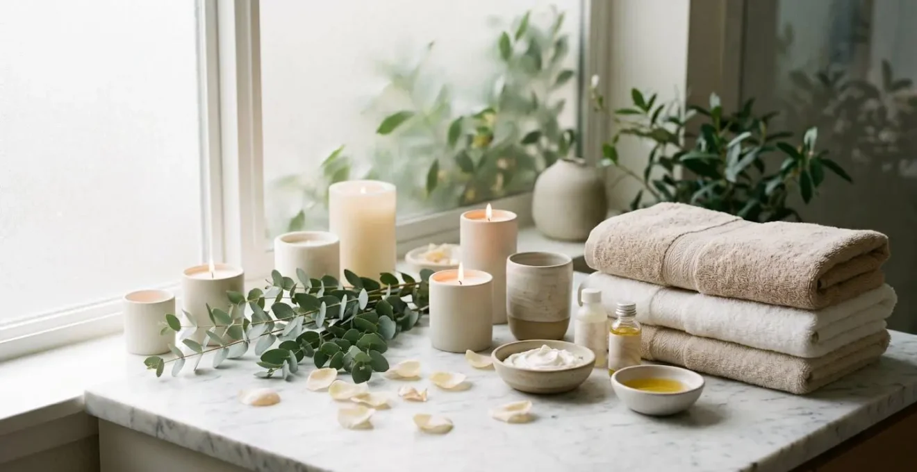 Ambiance relaxante de spa à domicile avec bougies parfumées et accessoires de soins beauté