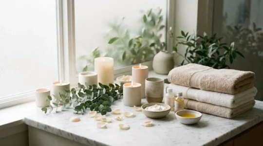 Ambiance relaxante de spa à domicile avec bougies parfumées et accessoires de soins beauté