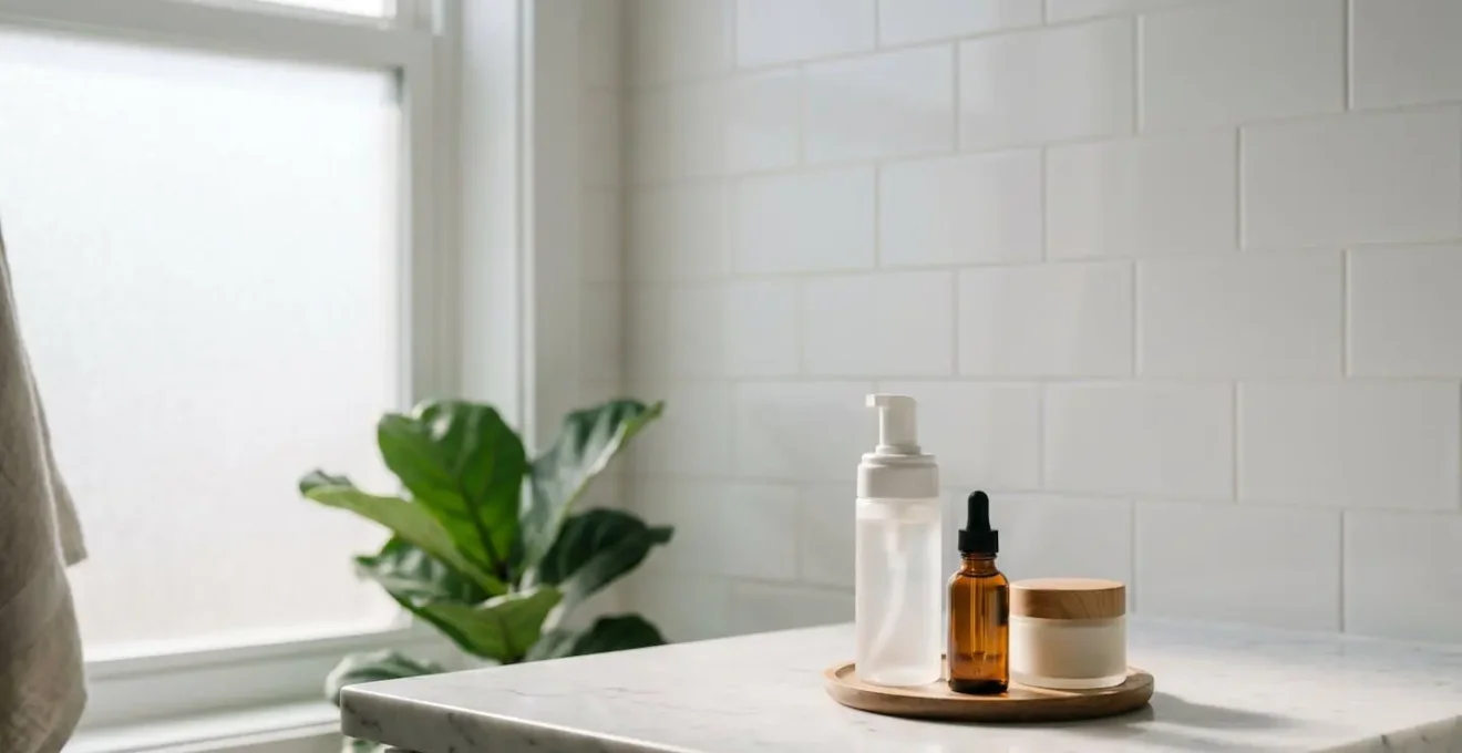 Routine beauté minimaliste avec trois produits essentiels disposés sur une surface épurée
