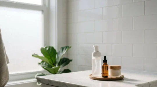 Routine beauté minimaliste avec trois produits essentiels disposés sur une surface épurée