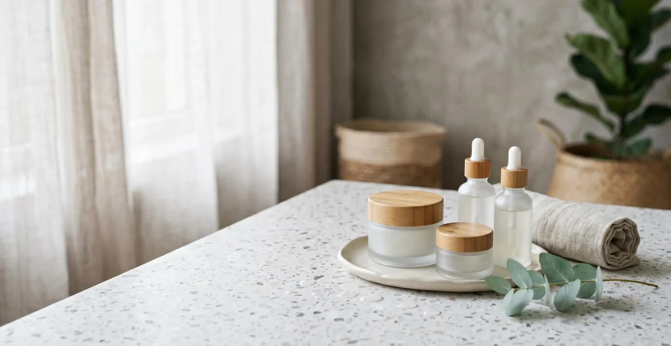 Composition dermatologique minimaliste évoquant une routine de soins apaisants pour peaux sensibles