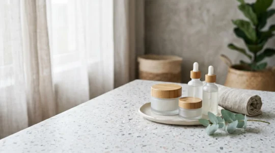 Composition dermatologique minimaliste évoquant une routine de soins apaisants pour peaux sensibles