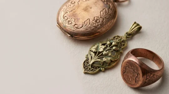 Gros plan sur des bijoux anciens en or aux teintes variées, rouge russe, vert Belle Époque et rose victorien, disposés sur une surface naturelle